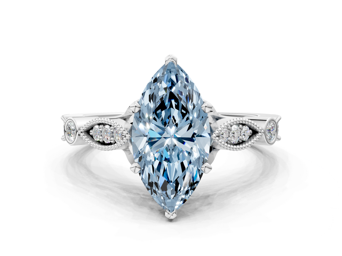 White gold Fancy Blue Marquise  Cut Diamond with Milgrain Marquise and Bezel Accents on a Solitaire Band with Prong Setting_228