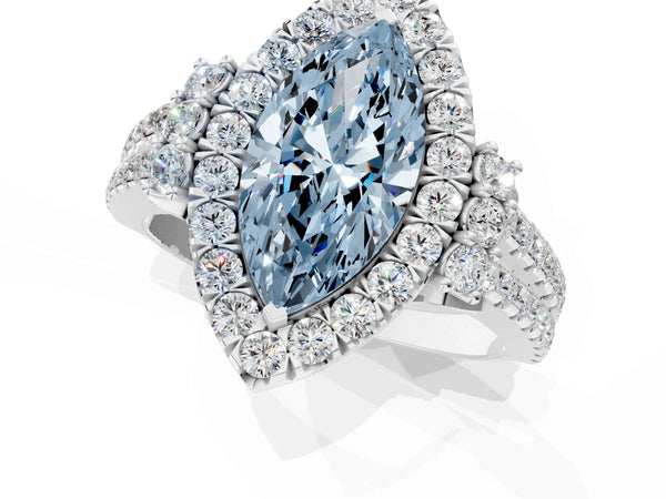 Platinum Fancy Blue Marquise  Cut Double Halo Diamond Engagement Ring with Pave Band and Four-Prong Setting