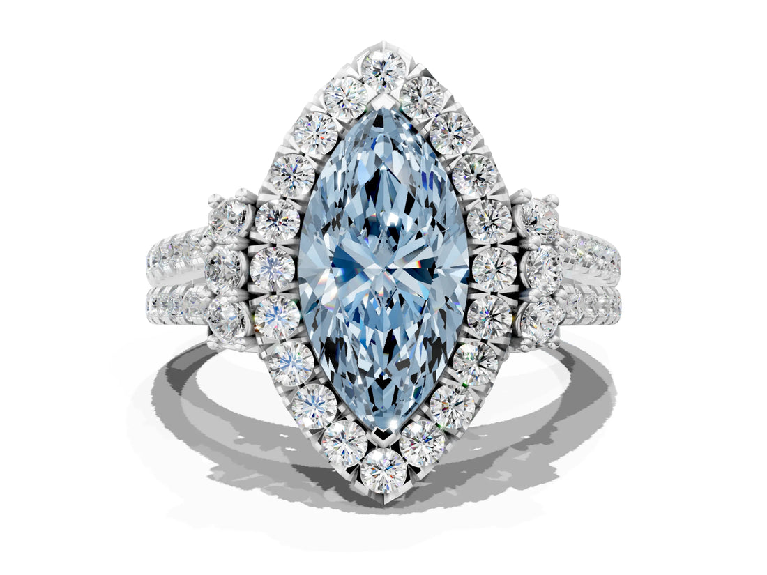 White gold Fancy Blue Marquise  Cut Double Halo Diamond Engagement Ring with Pave Band and Four-Prong Setting_55