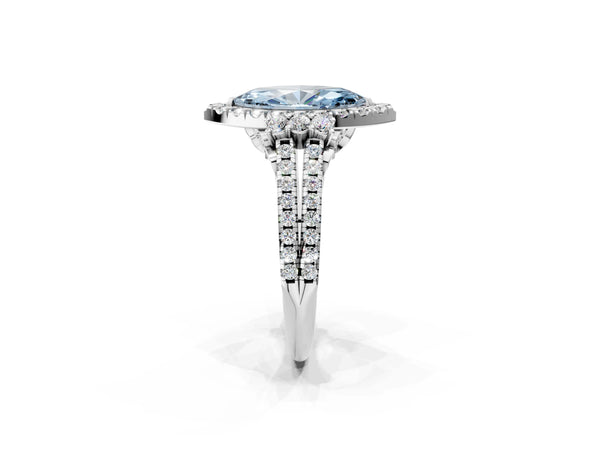 Platinum Fancy Blue Marquise  Cut Double Halo Diamond Engagement Ring with Pave Band and Four-Prong Setting
