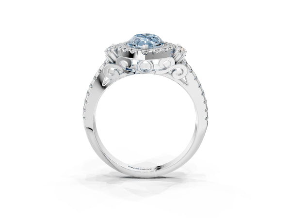 Platinum Fancy Blue Marquise  Cut Double Halo Diamond Engagement Ring with Pave Band and Four-Prong Setting