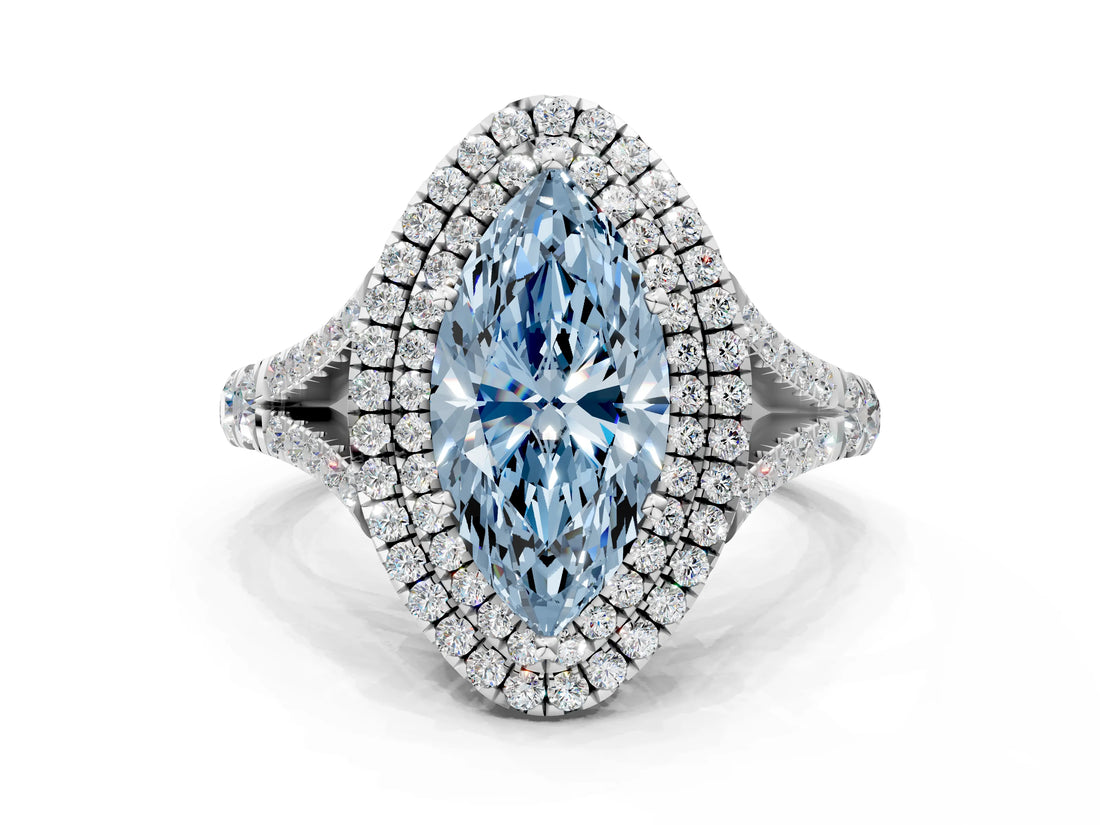 White gold Fancy Blue Marquise  Cut Double Halo Split Shank Diamond Ring with Prong Setting_43