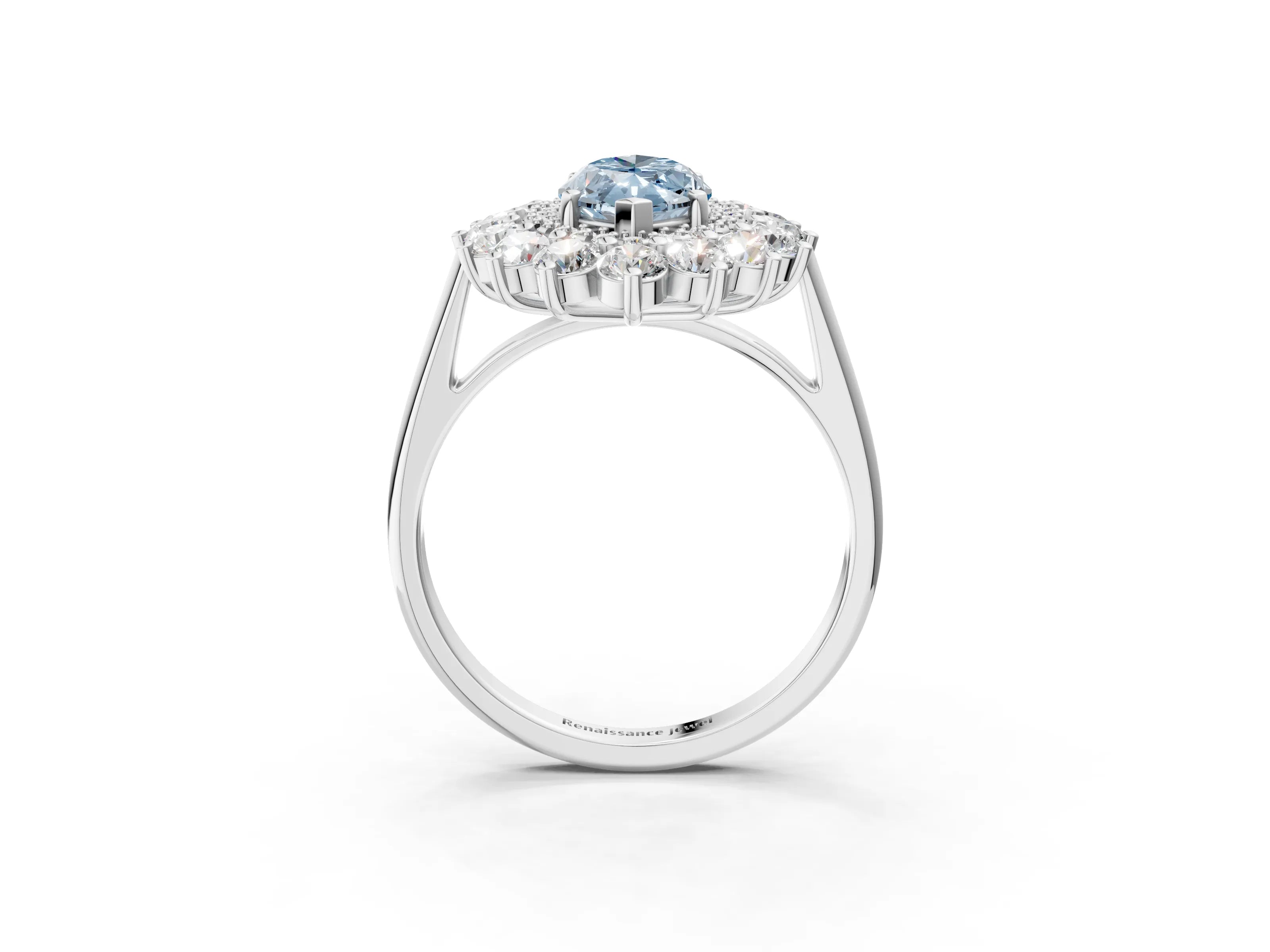 White gold Fancy Blue Marquise Cut Halo Cluster Diamond Ring with Pave Band and Four-Prong Setting_16