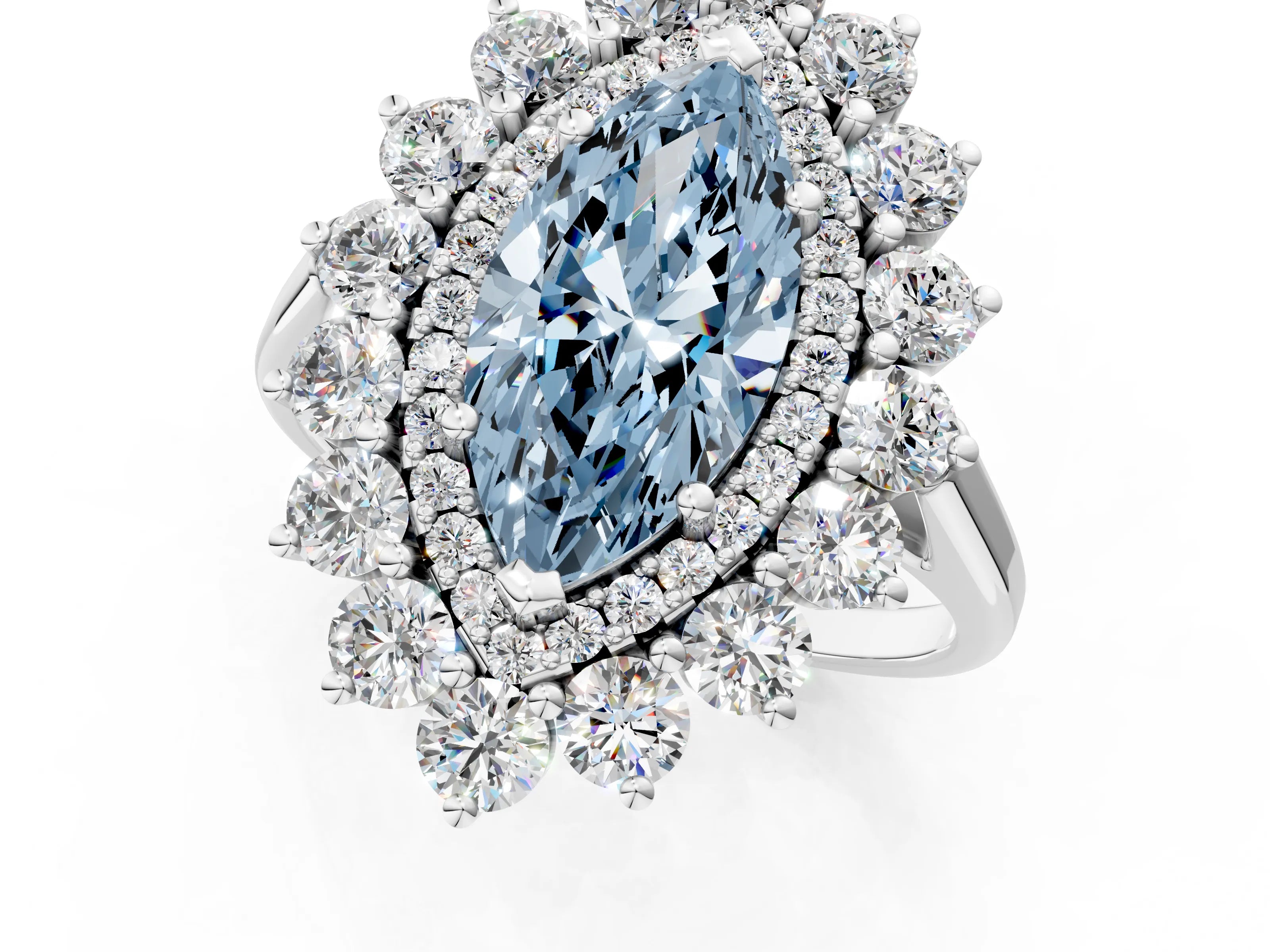 White gold Fancy Blue Marquise Cut Halo Cluster Diamond Ring with Pave Band and Four-Prong Setting_1