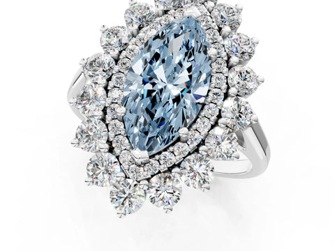 White gold Fancy Blue Marquise Cut Halo Cluster Diamond Ring with Pave Band and Four-Prong Setting_1