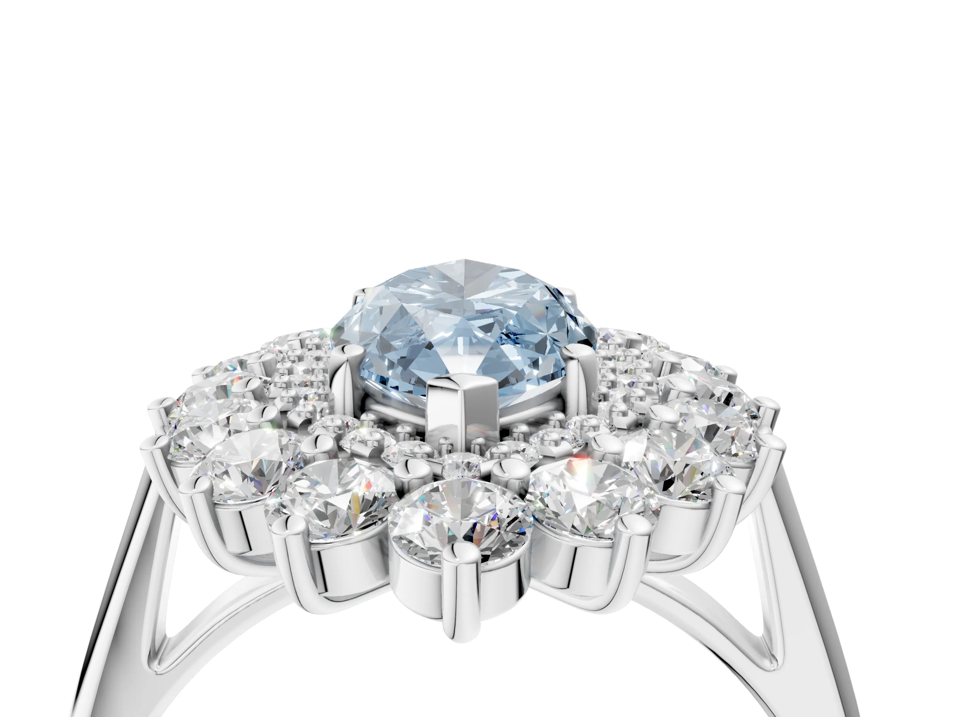 White gold Fancy Blue Marquise Cut Halo Cluster Diamond Ring with Pave Band and Four-Prong Setting_4