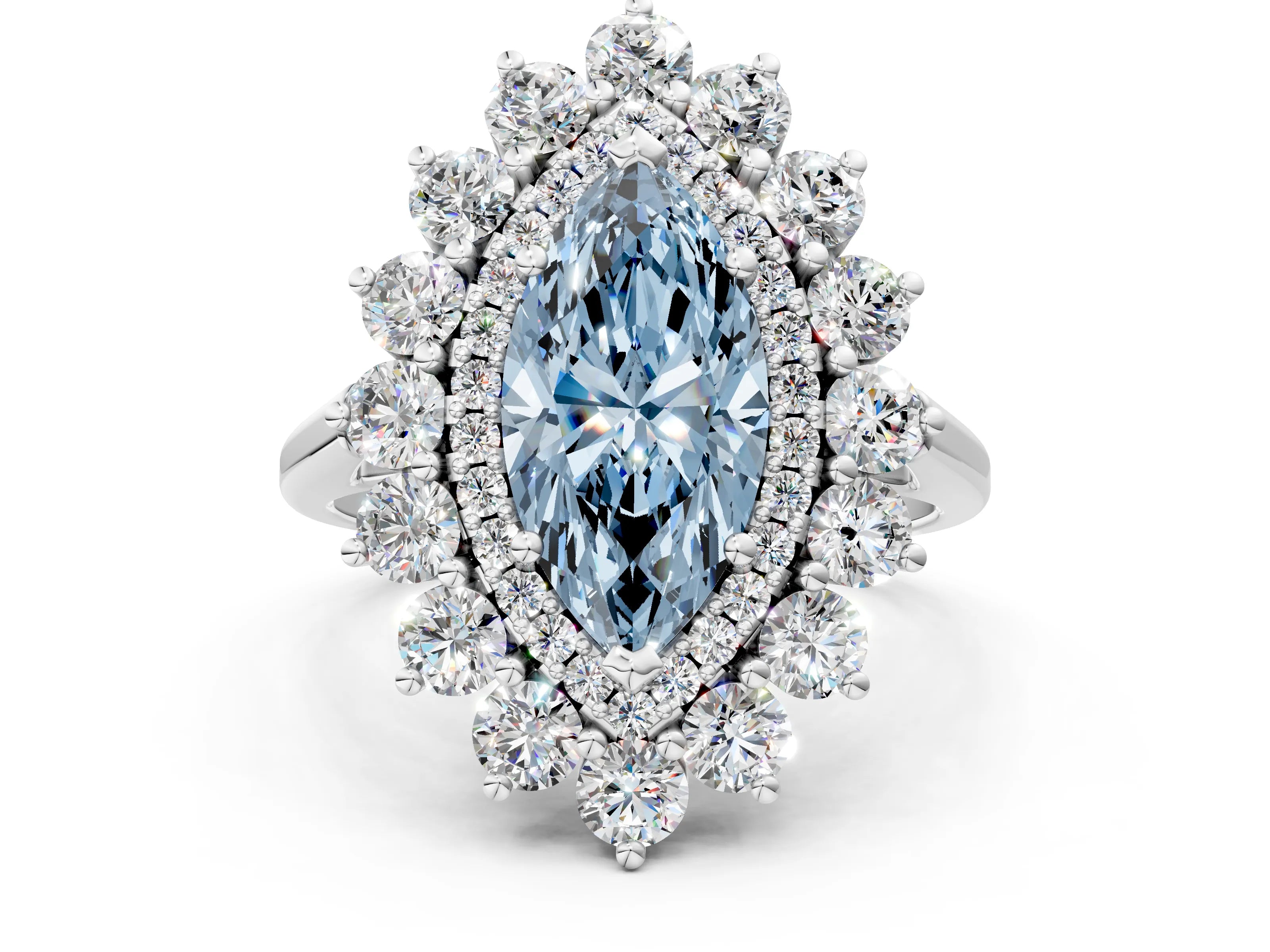 White gold Fancy Blue Marquise Cut Halo Cluster Diamond Ring with Pave Band and Four-Prong Setting