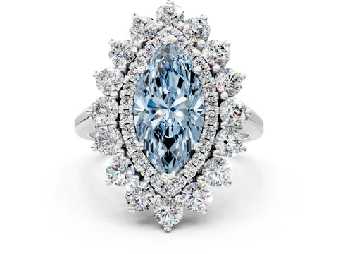White gold Fancy Blue Marquise Cut Halo Cluster Diamond Ring with Pave Band and Four-Prong Setting