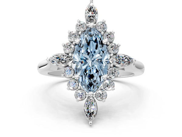 White gold Fancy Blue Marquise Cut Halo Diamond Cluster Ring with Marquise and Round Stones on a White Gold Band with Prong Setting