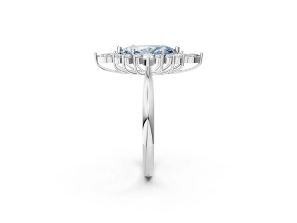 White gold Fancy Blue Marquise Cut Halo Diamond Cluster Ring with Marquise and Round Stones on a White Gold Band with Prong Setting