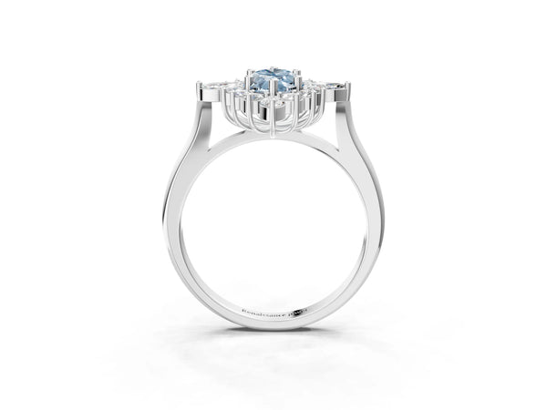 White gold Fancy Blue Marquise Cut Halo Diamond Cluster Ring with Marquise and Round Stones on a White Gold Band with Prong Setting