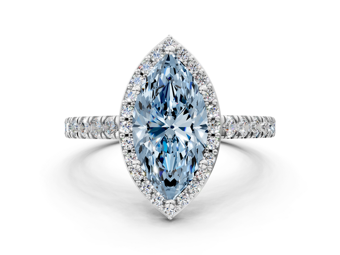 White gold Fancy Blue Marquise  Cut Halo Diamond Engagement Ring with Pave Band and Four-Prong Setting_28