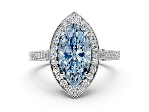 White gold Fancy Blue Marquise Cut Halo Diamond Engagement Ring with Split Shank Band and Four-Prong Setting_12