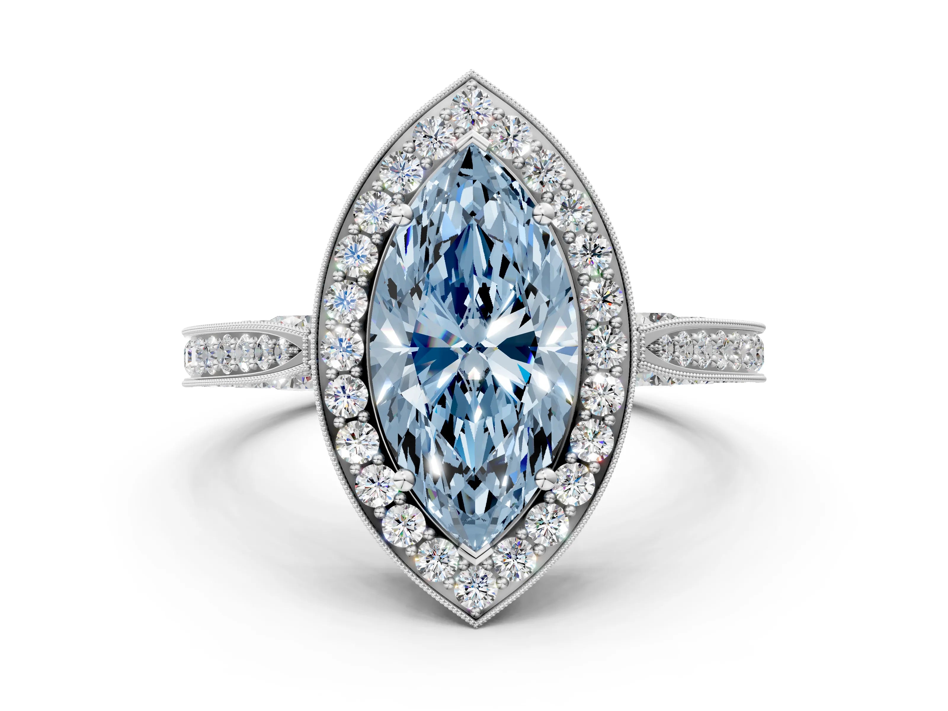 White gold Fancy Blue Marquise Cut Halo Diamond Engagement Ring with Split Shank Band and Four-Prong Setting_12