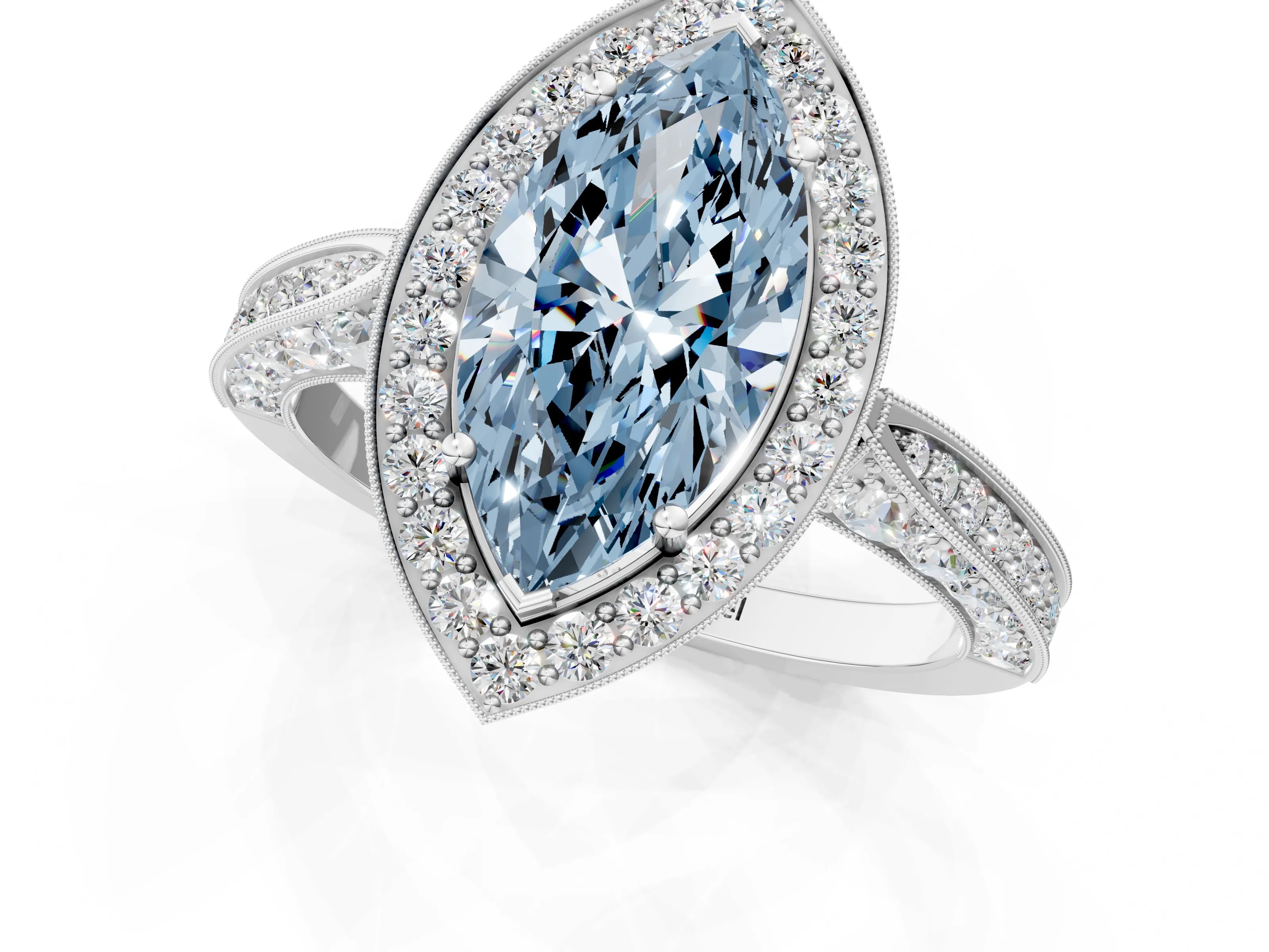 White gold Fancy Blue Marquise Cut Halo Diamond Engagement Ring with Split Shank Band and Four-Prong Setting_13