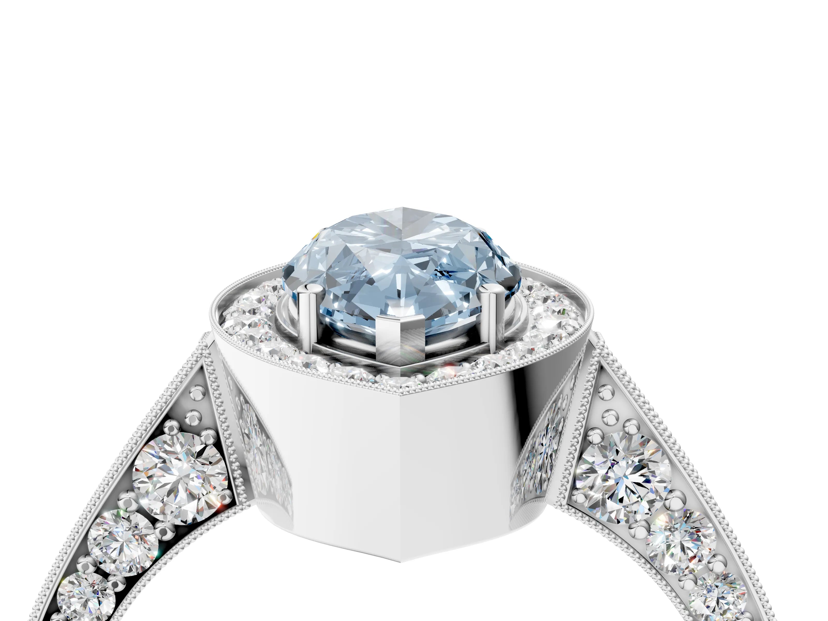 White gold Fancy Blue Marquise Cut Halo Diamond Engagement Ring with Split Shank Band and Four-Prong Setting_16