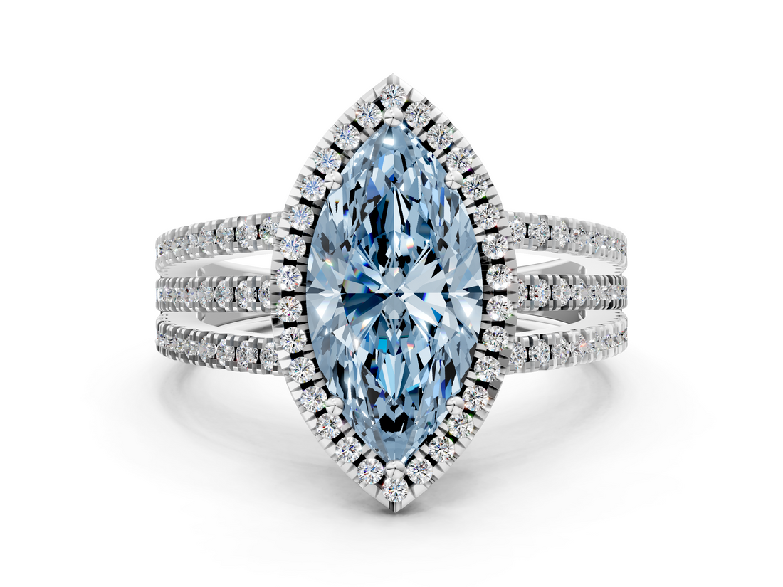 White gold Fancy Blue Marquise  Cut Halo Diamond Engagement Ring with Split Shank and Four-Prong Setting_19