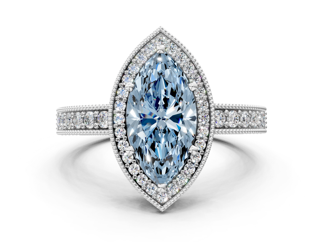 White gold Fancy Blue Marquise  Cut Halo Diamond Pave Band Ring with Four-Prong Setting_25