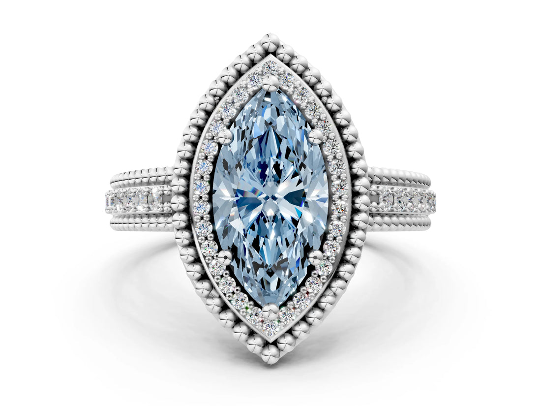 White gold Fancy Blue Marquise Cut Halo Diamond Ring with Beaded Split Shank and Four-Prong Setting