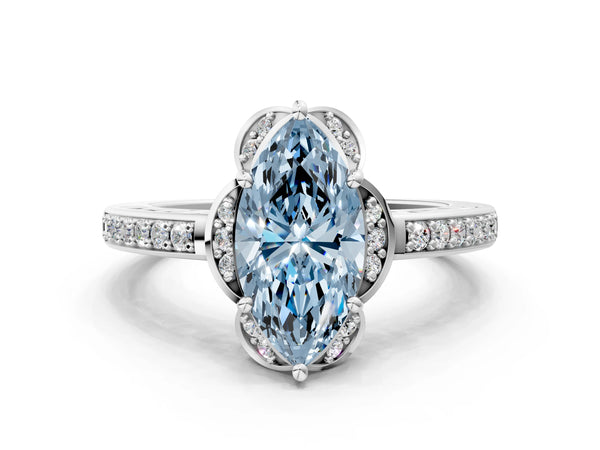 Platinum Fancy Blue Marquise  Cut Halo Diamond Ring with Channel Set Band and Four-Prong Setting