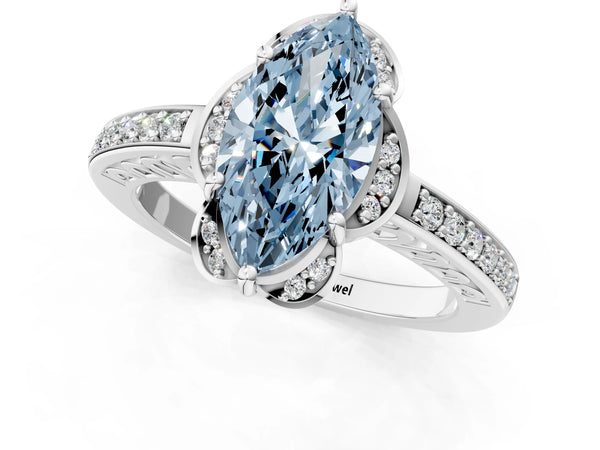 Platinum Fancy Blue Marquise  Cut Halo Diamond Ring with Channel Set Band and Four-Prong Setting