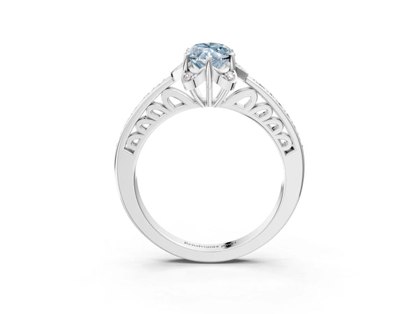 Platinum Fancy Blue Marquise  Cut Halo Diamond Ring with Channel Set Band and Four-Prong Setting
