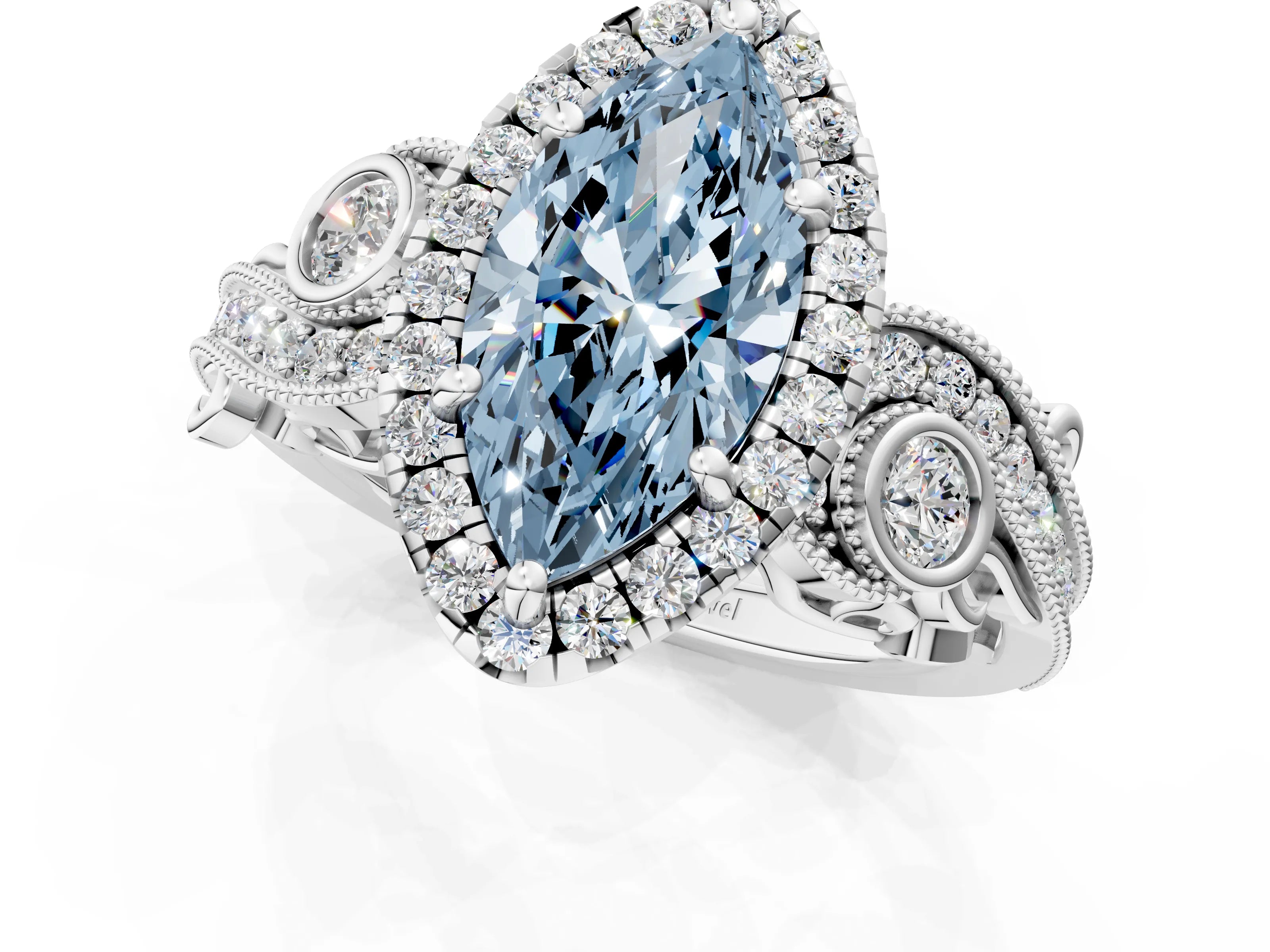 White gold Fancy Blue Marquise Cut Halo Diamond Ring with Milgrain and Bezel Accents on a Split Shank Band_1