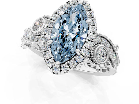 White gold Fancy Blue Marquise Cut Halo Diamond Ring with Milgrain and Bezel Accents on a Split Shank Band_1