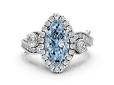 White gold Fancy Blue Marquise Cut Halo Diamond Ring with Milgrain and Bezel Accents on a Split Shank Band_1