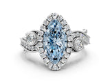 White gold Fancy Blue Marquise Cut Halo Diamond Ring with Milgrain and Bezel Accents on a Split Shank Band_24