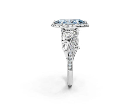 White gold Fancy Blue Marquise Cut Halo Diamond Ring with Milgrain and Bezel Accents on a Split Shank Band_2