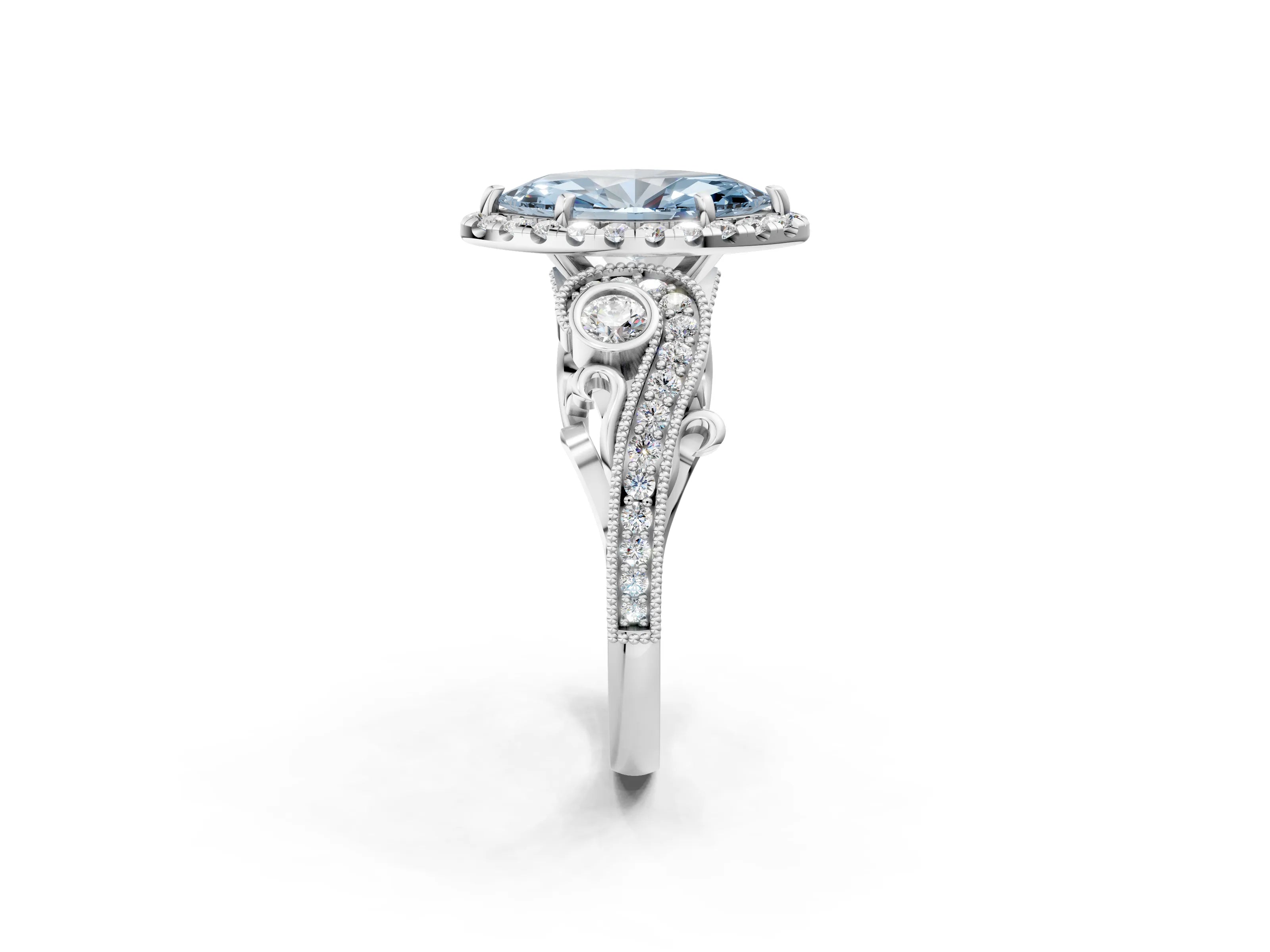 White gold Fancy Blue Marquise Cut Halo Diamond Ring with Milgrain and Bezel Accents on a Split Shank Band_2