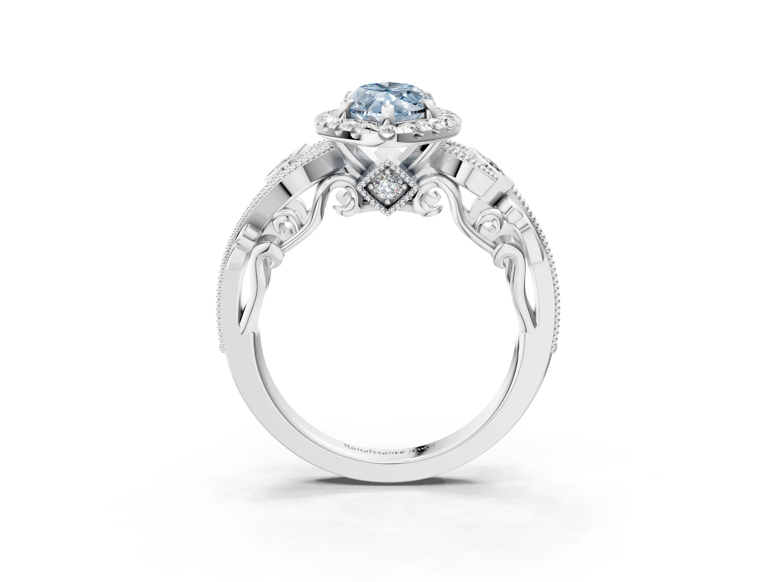 White gold Fancy Blue Marquise Cut Halo Diamond Ring with Milgrain and Bezel Accents on a Split Shank Band_3