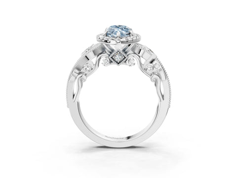 White gold Fancy Blue Marquise Cut Halo Diamond Ring with Milgrain and Bezel Accents on a Split Shank Band_3