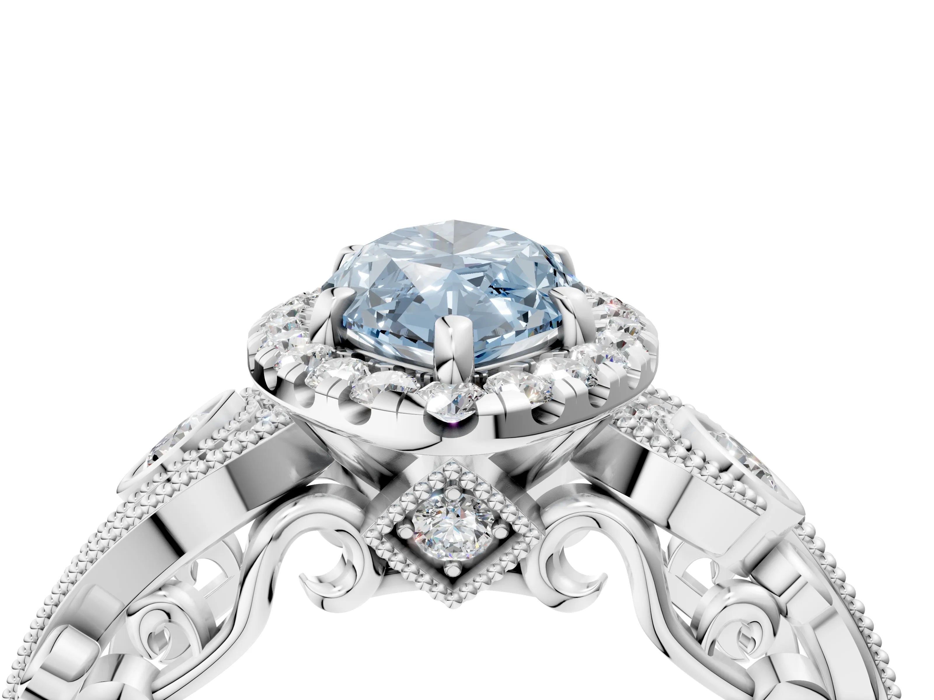 White gold Fancy Blue Marquise Cut Halo Diamond Ring with Milgrain and Bezel Accents on a Split Shank Band_4
