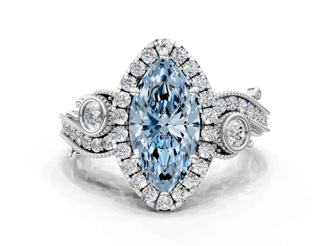 White gold Fancy Blue Marquise Cut Halo Diamond Ring with Milgrain and Bezel Accents on a Split Shank Band