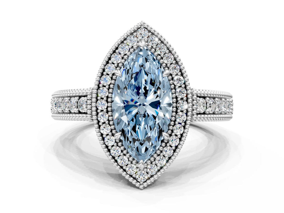 White gold Fancy Blue Marquise  Cut Halo Diamond Ring with Pavé Band and Four-Prong Setting_69