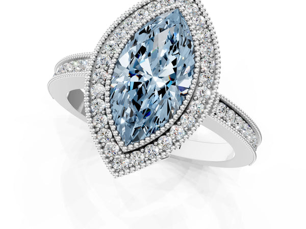White gold Fancy Blue Marquise  Cut Halo Diamond Ring with Pavé Band and Milgrain Prong Setting