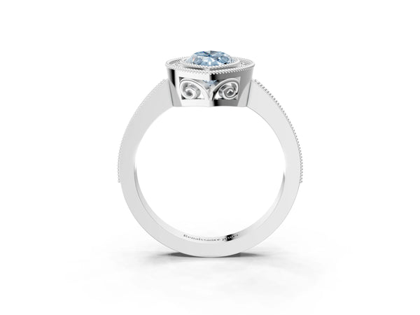 White gold Fancy Blue Marquise  Cut Halo Diamond Ring with Pavé Band and Milgrain Prong Setting
