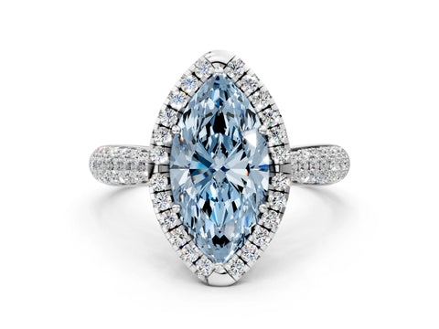 White gold Fancy Blue Marquise Cut Halo Diamond Ring with Pavé Band