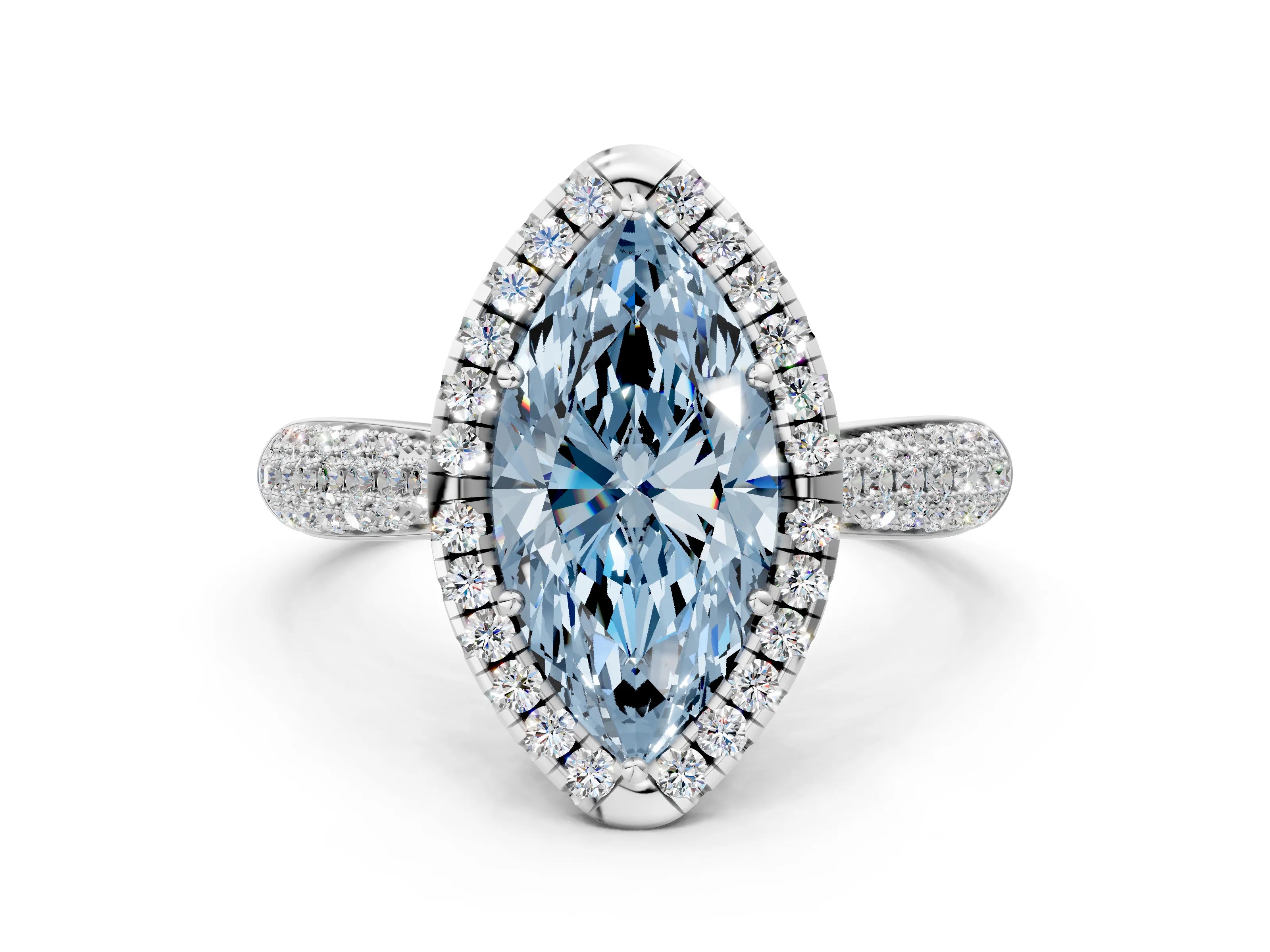 White gold Fancy Blue Marquise Cut Halo Diamond Ring with Pavé Band_24
