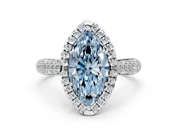 White gold Fancy Blue Marquise Cut Halo Diamond Ring with Pavé Band