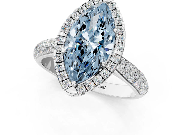 White gold Fancy Blue Marquise Cut Halo Diamond Ring with Pavé Band