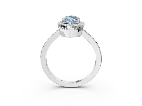 Platinum Fancy Blue Marquise  Cut Diamond Halo Engagement Ring with Milgrain Detail and Pavé Band