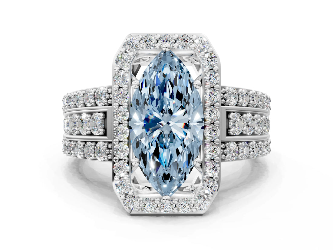 White gold Fancy Blue Marquise Cut Halo Diamond Ring with Round  Split Shank and Prong Setting_141