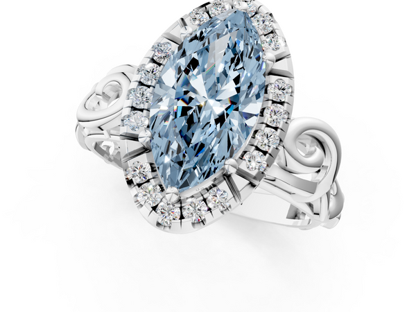 White gold Fancy Blue Marquise  Cut Halo Diamond Ring with Scrollwork Band and Four-Prong Setting
