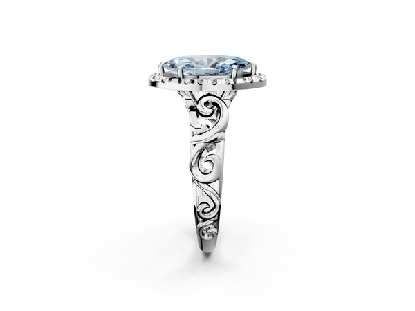 White gold Fancy Blue Marquise  Cut Halo Diamond Ring with Scrollwork Band and Four-Prong Setting