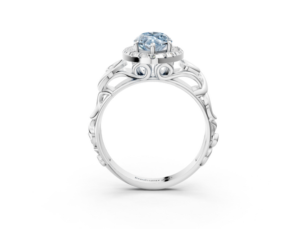 White gold Fancy Blue Marquise  Cut Halo Diamond Ring with Scrollwork Band and Four-Prong Setting