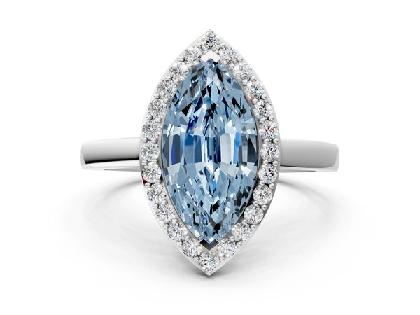 Platinum Fancy Blue Marquise Cut Halo Diamond Ring with Solitaire Band and Prong Setting