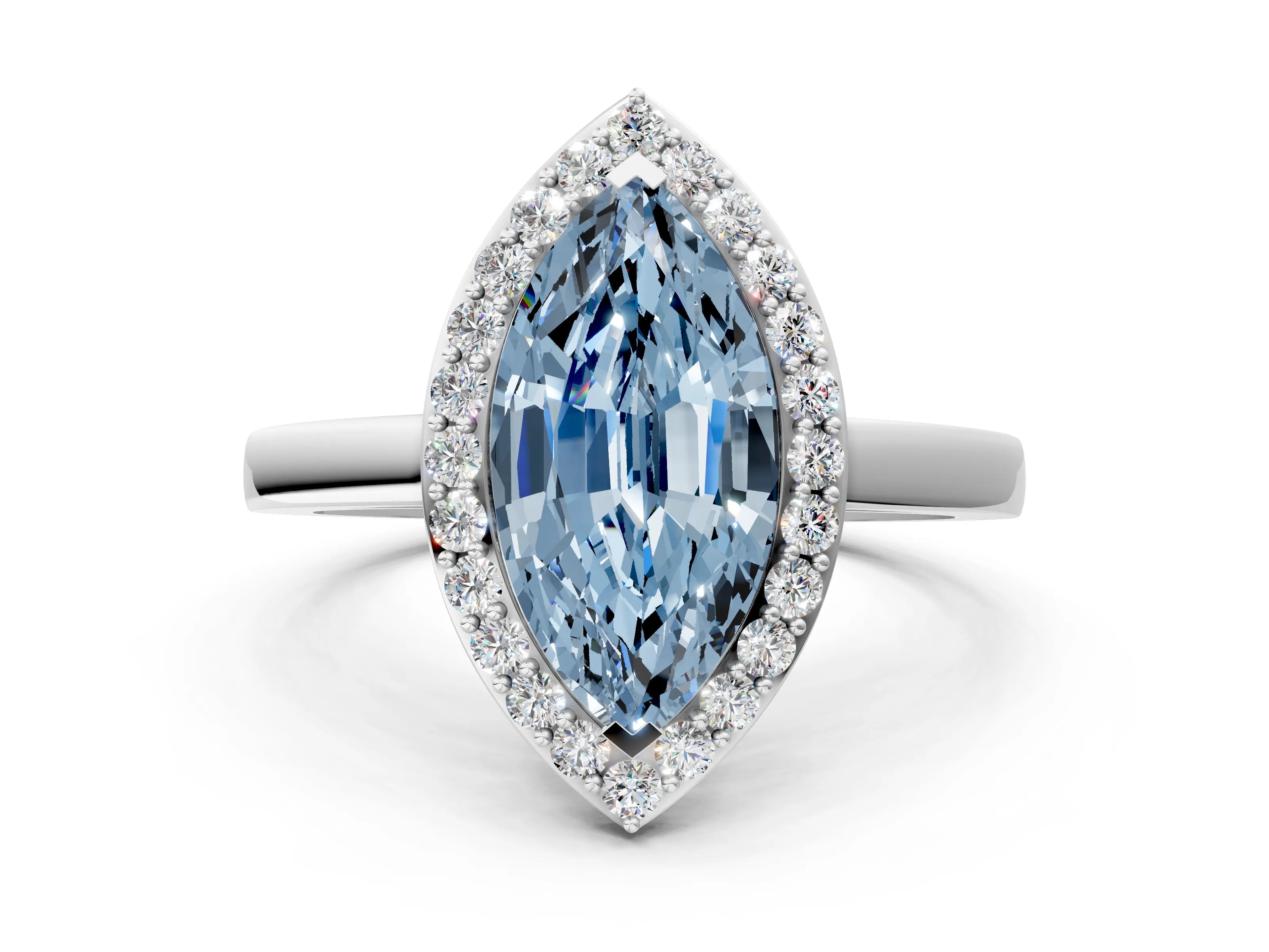 White gold Fancy Blue Marquise Cut Halo Diamond Ring with Solitaire Band and Prong Setting